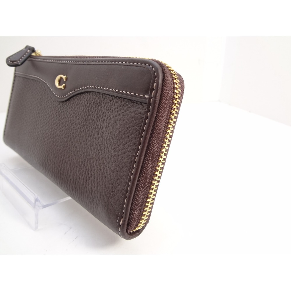 Coach Accordion Zip Wallet Dark Brown Pebbled Leather Gold C Logo - Picture 3 of 5